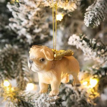 Imagem de Jetec Enfeite de árvore de Natal de cachorro anjo buldogue francês com asas douradas enfeite para pendurar presentes para decoração de árvore de Natal