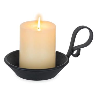 Imagem de Inweder Suporte de vela de ferro fundido: placa de vela preta fosca com alça e ponta de segurança para velas de pilar/bola Suporte decorativo vintage para mesa de Natal Halloween conjunto de 1