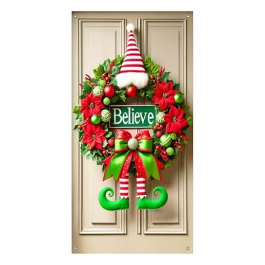 Imagem de BlissYard Capa para porta de Natal Believe Elf Legs 89 x 188 cm, guirlanda festiva para festas de fim de ano, faixa de fundo para porta da frente, tecido de poliéster, decoração sazonal para meninas