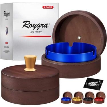 Imagem de roygra Cinzeiro externo para pátio externo (pacote com 2), cinzeiro de madeira e metal à prova de vento sem fumaça com tampa, decoração de mesa doméstica, decorações de pátio portáteis ao ar livre