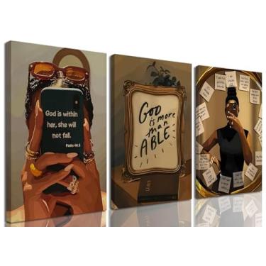 Imagem de Conjunto de 3 arte de parede de menina negra emoldurada, pinturas de decoração de parede de mulheres negras inspiradoras na moda, imagens de afirmações positivas afro-americanas, impressões em tela