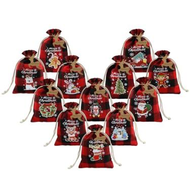 Imagem de 12 unidades de sacos de Natal xadrez com cordão com etiquetas de alce, 12 x 14 cm, pequenos sacos de presente de serapilheira de Natal vermelho, Papai Noel, boneco de neve, guirlanda de pinguim, sacos