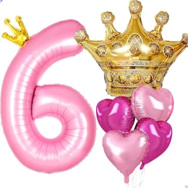 Imagem de Decorações de festa de aniversário de 6 anos, coroa rosa grande de 101,6 cm, 6 balões para meninas, decorações de aniversário de princesa real, lembrancinhas de festa, aniversários (balão de