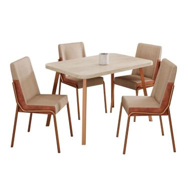 Imagem de Conjunto de Mesa Retangular com Tampo MDP Petra Stellar e 4 Cadeiras Felipa Linho Areia e Caramelo