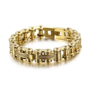 Imagem de Pulseira de ouro 18K, pulseira masculina corrente de bicicleta, corrente cubana requintada, pulseira masculina de hip-hop, joias modernas, presente, Large, Ouro amarelo, Sem Pedra Preciosa