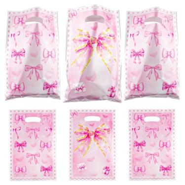 Imagem de AEOKJOSI 30 peças de sacos de plástico rosa dourado estampado para lembrancinhas de festa – elegante bolsa de doces com alças, 16,5 x 25,4 cm para meninas, aniversário, lembrancinhas de chá de panela