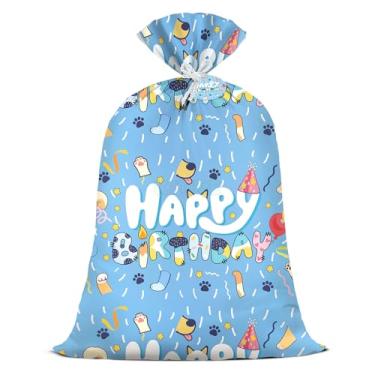 Imagem de KJTIME Saco de presente de aniversário azul grande para meninos, 91 x 142 cm, de plástico, para meninos, temática de feliz aniversário, sacolas de presente para crianças, GG, decorações de