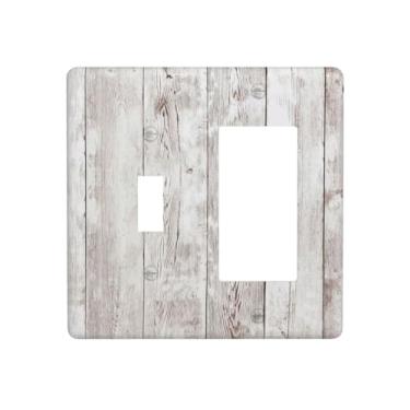 Imagem de Placa de cobertura para interruptor de luz, placa rústica de grão de madeira cinza/branca, 2 placas de parede combinadas, interruptores decorativos e capas de tomada para decoração de banheiro e