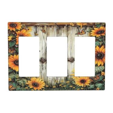 Imagem de SgEdao Capas de tomada decorativas Girassol Vintage Madeira Barndoor 3 Gang Placa de Parede Tripla Rocker Interruptor de Luz Placa Jumbo Elétrica GFCI Placa Frontal para Quarto Decoração de Casa