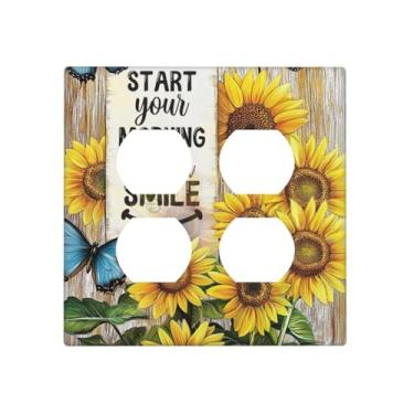 Imagem de JDAKHD Capas de tomada decorativas, girassóis e borboletas vibrantes, placa de parede dupla dupla dupla de 2 gangues placa de interruptor de textura de madeira rústica placa elétrica alegre decoração