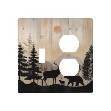 Imagem de Naiqadnehz Placas de parede placa de madeira, vida selvagem, urso fofo, cervo, floresta, rústico, 1 interruptor duplex, placa elétrica GFCI, capas decorativas para interruptores de luz para banheiro