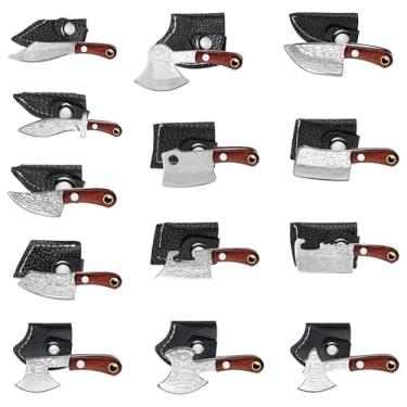 Imagem de Conjunto de mini cortadores, 13 peças com padrão de damasco, cabos de madeira e lâminas de aço inoxidável, inclui bainhas de poliuretano, perfeito para abertura de Edc e caixa