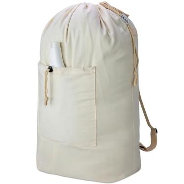Imagem de Bolsa de lavanderia, bolsa de lavanderia de lona com alças e fecho de cordão, bolsa lavável de pano sujo com bolso frontal grande para faculdade, viagem, lavanderia, acampamento (bege, 2GG)