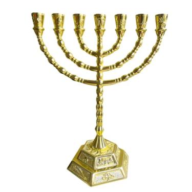 Imagem de Candelabro de metal dourado Menorah 7 castiçais, design clássico tradicional, decoração de suporte, celebrações de Hanukkah ideal, qualidade de artesanato israelense