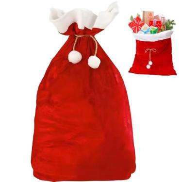 Imagem de Saco de Papai Noel gigante de veludo, 70 x 100 cm, suporte com acabamento branco, cordão vermelho com pompons para decoração de férias