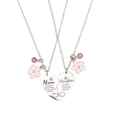 Imagem de 2 unidades de colar combinando para mãe, aço inoxidável, liso, coração, coração, flor, pingente de coração, joia para a família para presente de aniversário de Ação de Graças, Medium, Aço inoxidável