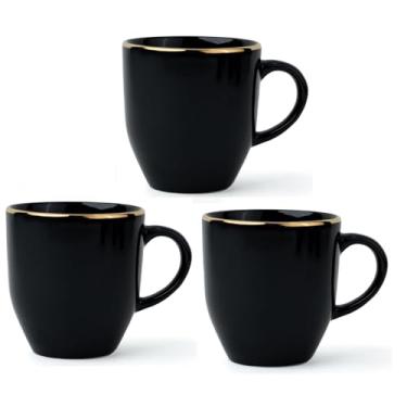 Imagem de Qimacplus Canecas de café de cerâmica série dourada, 300 ml, forro de ouro preto | Caneca de leite média | Acabamento brilhante | Conjunto de xícara de café e leite de grés | Xícara de chá de cerâmica