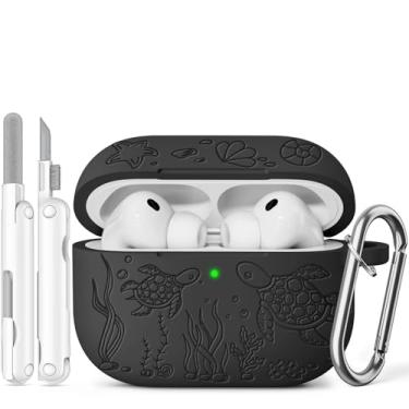 Imagem de Capa protetora de silicone macio com estampa de tartaruga fofa compatível com Apple AirPods Pro 3ª geração para mulheres e homens com chaveiro, preta