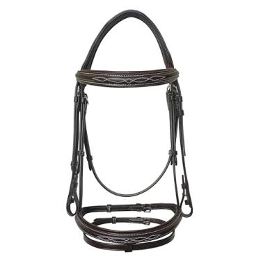 Imagem de Equine Care Freio de cavalo inglês com rédeas – Coroa e faixa de nariz acolchoadas, costura elegante, couro curtido vegetalmente, acessórios de aço inoxidável, aderência de jumper caçador de tamanho