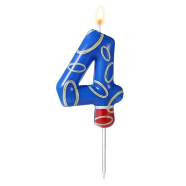 Imagem de Vela de aniversário com estampa de anel azul e dourado, número de aniversário, vela de aniversário com tema azul, topo de bolo para meninos e meninas suprimentos de festa (número 4)