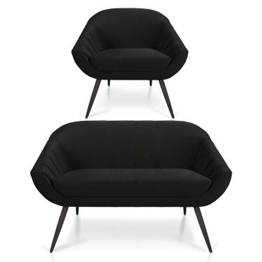 Imagem de Kit 01 Namoradeira 02 Lugares E 01 Poltrona Giovana Veludo Preto Pés Palito De Ferro