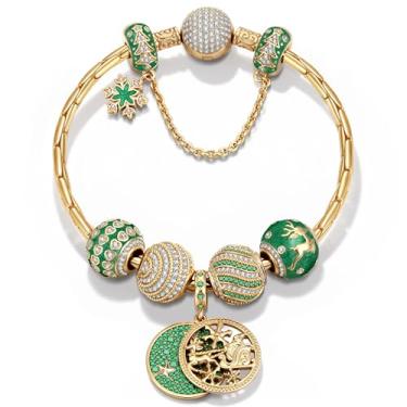 Imagem de GONA Pulseira feminina com pingente de Natal, pingentes de trenó de rena esmaltada dourada, hipoalergênica S180 ecológica, pulseira de Natal verde e dourada com caixa de presente, presente de ano novo