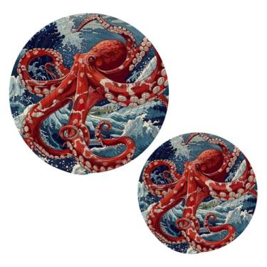 Imagem de Blueangle 2 peças de suporte de panela de polvo vermelho - conjunto de pegadores de panela de tecido redondo - almofadas quentes trançadas de algodão - porta-copos - tapetes de mesa para cozinhar e