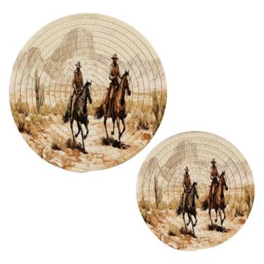Imagem de Blueangle 2 peças de suporte de panela de trivet Western Cowboys - conjunto de pegadores de panela de tecido redondo - almofadas quentes trançadas de algodão - porta-copos - tapetes de mesa para