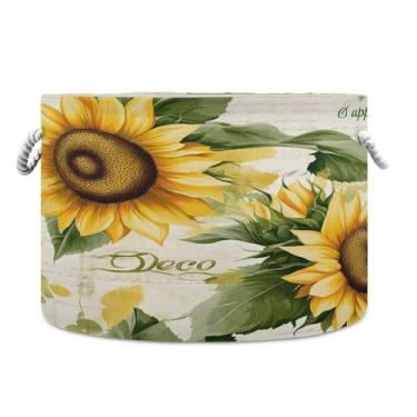 Imagem de SEHANY Cesta redonda grande de girassol amarelo com alça de corda, cesto de roupa suja de lona para armazenamento de cobertores, cesta de armazenamento infantil para quarto de banho, decoração de