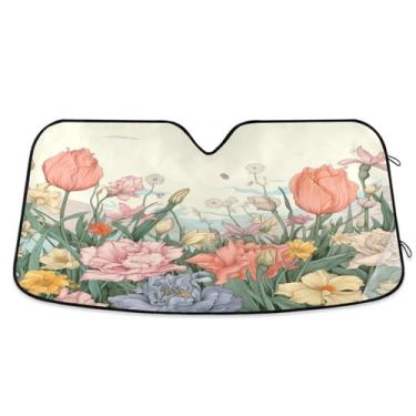 Imagem de ATTX Para-brisa de carro floral colorido 139.7 cm x 70.1 cm Escudo solar universal com proteção UV, persiana de janela frontal automática dobrável para caminhões Sedans SUVs #384