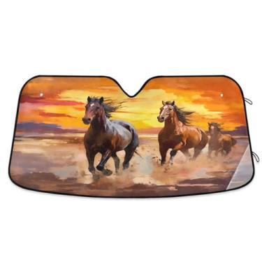 Imagem de ATTX Para-brisa de carro vermelho laranja marrom cavalos 139.7 cm x 70.1 cm escudo solar universal com proteção UV, persiana de janela frontal automática dobrável para caminhões Sedans SUVs #495