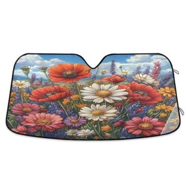 Imagem de ATTX Pára-brisas de carro colorido Wildflowers 139.7 cm x 70.1 cm Protetor solar universal com proteção UV, persiana de janela frontal automática dobrável para caminhões Sedans SUVs #175