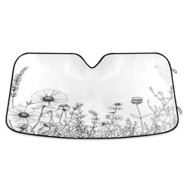 Imagem de ATTX Para-brisa de carro preto branco flores silvestres 144.8 cm x 80.0 cm escudo solar universal com proteção UV, persiana de janela frontal automática dobrável para caminhões Sedans SUVs #497