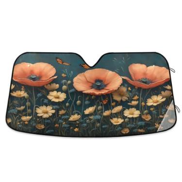 Imagem de ATTX Para-brisa de carro floral vermelho 144.8 cm x 80.0 cm Escudo solar universal com proteção UV, persiana de janela frontal automática dobrável para caminhões Sedans SUVs #61