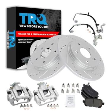 Imagem de TRQ Kit de pastilhas de freio traseiro e rotor de cerâmica de desempenho perfurado X compatível com Chrysler Town & Country Dodge Grand Caravan 2008-2011 2009-2011 Volkswagen Routan