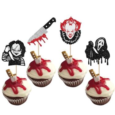 Imagem de Pacote com 24 topos de cupcake de Halloween com glitter assustador assassino picaretas faca sangrenta feliz Halloween tema crianças aniversário cupcake decorações suprimentos de festa