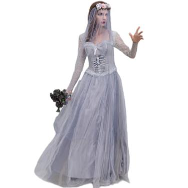 Imagem de CAMDOM Fantasia feminina fantasma noiva vampiro zumbi vestido longo fantasia de Halloween carnaval terror cosplay, Branco, XXG