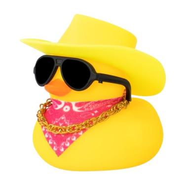 Imagem de wonuu Decoração de painel de carro chapéu de cowboy pato de borracha, ornamentos de patos de carro com mini chapéu colorido colar cachecol de óculos de sol (amarelo)