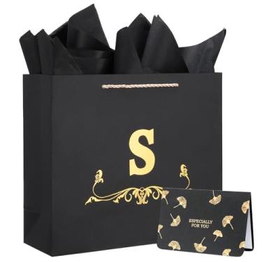 Imagem de EUSOAR Sacos de presente de aniversário para mulheres, 1 peça 32 x 11,4 x 28 cm, sacos de papel grandes personalizados pretos com cartões de papel de seda, bolsa de presente com monograma para homens