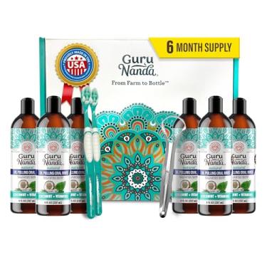 Imagem de GuruNanda Coconut Oil Pulling with 7 Natural Essential Oils and Vitamin D, E, K2, Alcohol Free Mouthwash (Mickey D), Helps with Fresh Breath, Teeth Whitening, Gum Health (8 Fl. Oz x 6)