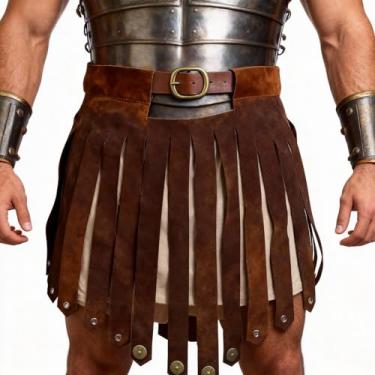 Imagem de GREUS Avental de armadura de fantasia de gladiador romano, avental espartano guerreiro pteruges, cinto de cosplay, acessório de kilt de batalha ajustável, Marrom, One Size