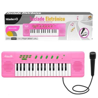 Imagem de Teclado Musical Eletrônico Infantil Rosa 32 Teclas com Microfone Várias Funções
