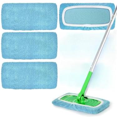 Imagem de Almofadas de esfregão de microfibra – Pacote com 4 refis laváveis reutilizáveis para limpeza de piso molhado e seco - Serve na maioria dos esfregões padrão - Almofadas de limpeza doméstica azul lago