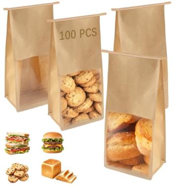 Imagem de 100 sacos de papel para pão caseiro, sacos de massa fermentada kraft com janela, sacos de padaria de papel kraft marrom com trava de aba de amarrar, armazenamento de massa fermentada para