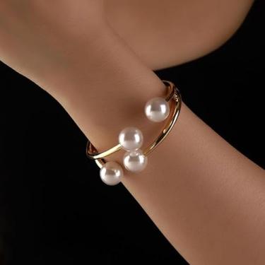 Imagem de Pulseiras de pérolas para mulheres, pulseira elástica com contas brancas douradas, joias de casamento, presente de formatura, dama de honra, material de meia, Medium, Latão, Sem Pedra Preciosa