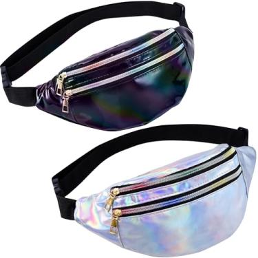 Imagem de PUREZON 2 pochetes holográficas, pochete de poliuretano para mulheres, bolsa de cintura brilhante à prova d'água com cinto ajustável, bolsa esportiva de cor metálica para viagens, corrida, caminhada
