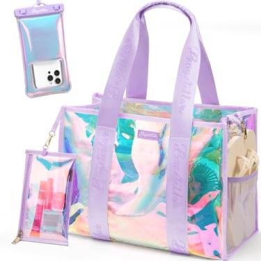 Imagem de Bolsa de praia feminina transparente iridescente com zíper para piscina e praia com bolsa de maquiagem e bolsa de telefone à prova d'água essencial de verão, Lavanda, One Size