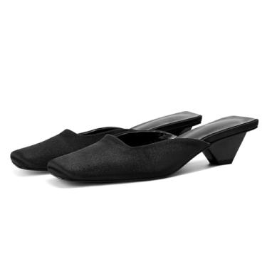 Imagem de Fuazuzu Sandálias Muller De Salto Médio E Baixo Cetim Para Mulheres, Mules Fechadas, Biqueira Quadrada, Slip On, Festa Casamento, Dança, Elegante, Casual, Sapatos Verão, Preto 8.5