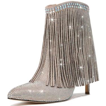 Imagem de RONILURN Botas femininas de strass com glitter, bico fino, com franja, bico fino, zíper lateral, moda para festas, elegantes botas de salto alto stiletto para mulheres, Bege, 40