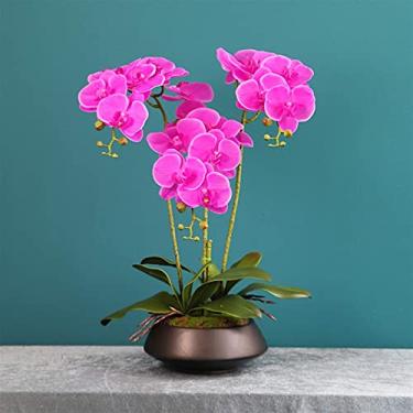 Imagem de LMJYU Conjunto de flores artificiais, arranjos artificiais de flores de orquídea borboleta com vaso, bonsai Phalaenopsis de poliuretano sintético para festa de casamento em casa